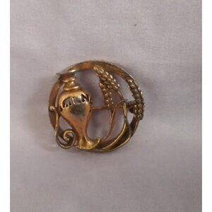 Vintage Gold-Tone Brooch With Wheat & Vase Design